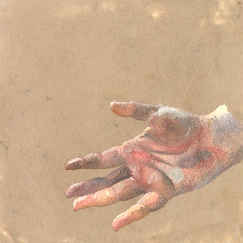 A painting of a heavily shaded open hand reaching down from the right side with a textured finish.